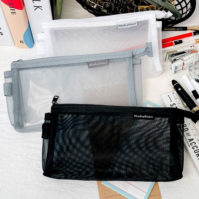 매쉬 필통 화장품 메이크업 파우치, 화이트, 1개