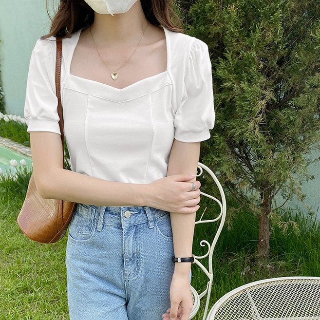 《杜達女孩》別緻法式桃心領上衣 復古公主泡泡袖 短袖棉質上衣 浪漫氣質女裝