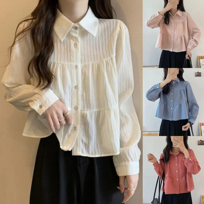 에쥬아 크롭 캉캉 셔츠 셔링 숏 긴팔셔츠 꾸안꾸 간절기 긴팔