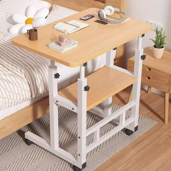학습 사무용 높이조절 이동식 사이드 테이블 소파 침대 겸용 다용도 보조책상, 원목색