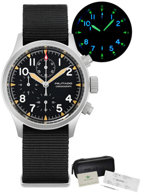 호환 Militado ML1868KF 쿼츠 3 다이얼 시계 VK67 크로노그래프 무브먼트 축광 시계 사파이어 100m 방수 손목시계, [05] BK Nylon No Date