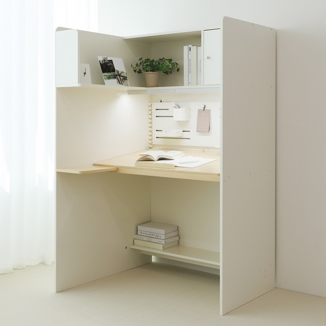 스터디스타 와이드 1000 독서실책상 크림화이트 자작나무 왼쪽선반, 와이드 플라이트 LED, 선택안함, 집중력보호 광목커튼