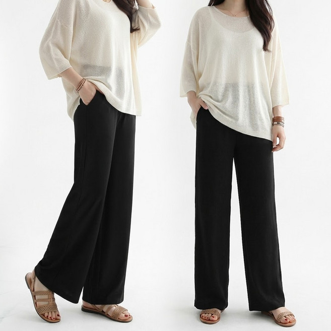 1+1 국내생산 여성 쿨 와이드 밴딩팬츠 여름 찰랑 통바지 빅사이즈 편한 데일리 팬츠 2p