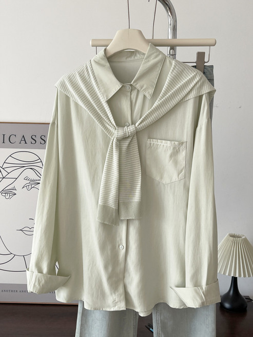 【顯瘦遮肉】胖mm襯衫 長袖襯衫 外套女 兩件套 中長款上衣 春夏薄款 大碼女裝 寬鬆垂感 通勤休閒百搭