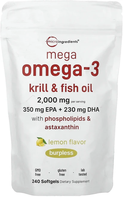 메이커제품입니다 Micro Ingredients 메가 오메가3 크릴 및 피쉬 오일 포스포리피드 및 아스타잔틴 함유 레몬 맛 소프트젤 240정 좋은효과를 보실수있습니다, 1개 - 쿠팡