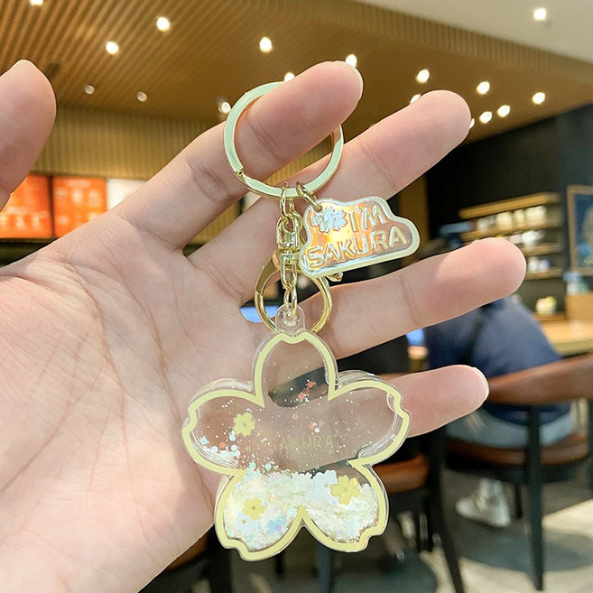 新款櫻花片壓克力流沙水晶鑰匙扣 背包吊飾 夢幻漂浮 展現個人風格, 黃色, 1個
