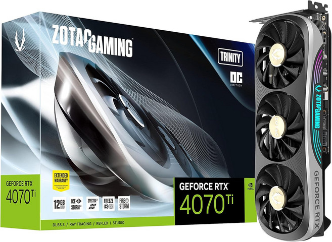 ZOTAC 게이밍 지포스 RTX 4070 Ti 트리니티 OC DLSS 3 12GB GDDR6X 192비트 21Gbps PCIE 4.0 그래픽 카드 아이스스톰 2.0 어드밴스드 쿨링