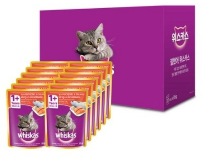 위스카스 어덜트 고양이 파우치, 고등어+연어, 85g, 12개