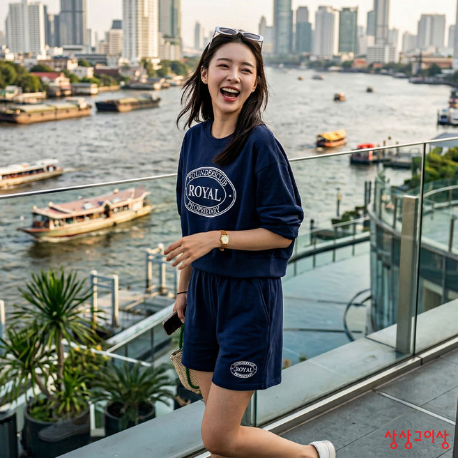 상상그이상 여성용 국내제작 로얄세트 레터링 포인트 편안한 반팔티 허리밴딩 반바지 명절에 입기 좋은 베이직한 트레이닝 가볍고 예쁜 원마일웨어 홈웨어룩