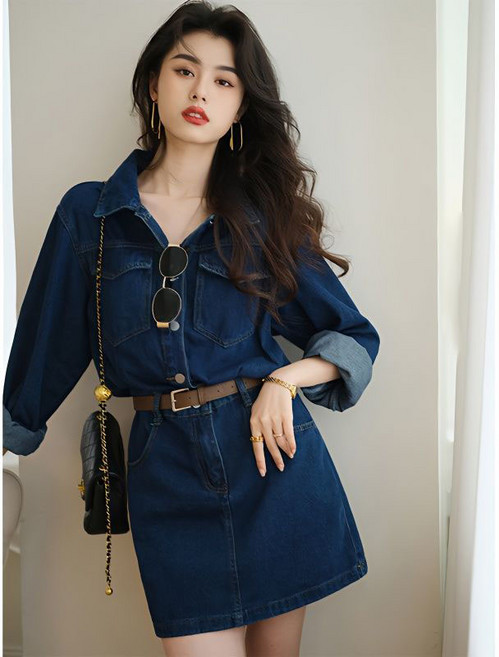 캐주얼 여성 데님 원피스 캐주얼 데님 매력적인 버튼 디자인 벨트 슬림핏 긴팔 청원피스 JS