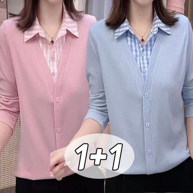 1+1 봄가을 패치 블라우스 중년여성의류 레이어드 디자인 캐주얼 셔츠 긴팔티