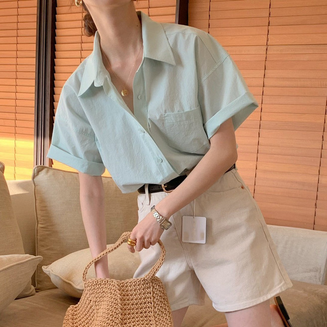 더블공주 단색 루즈핏 반팔 셔츠