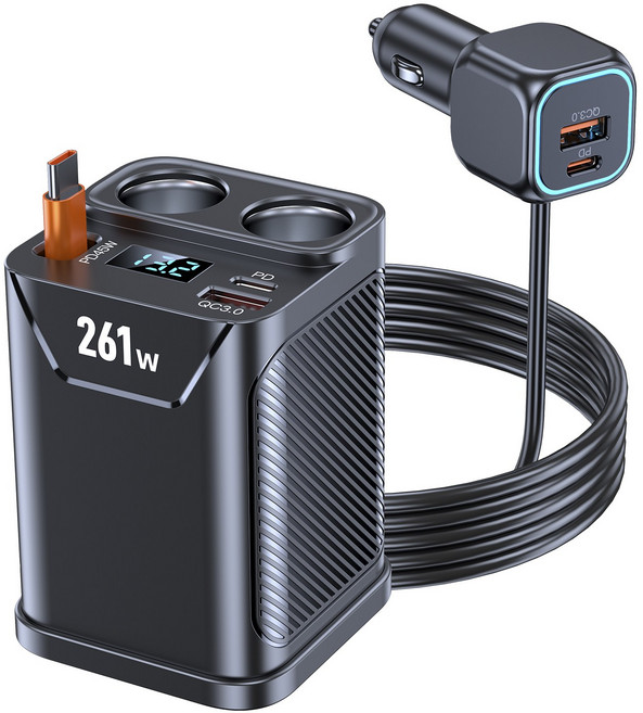 카모아 7in1 261W 릴타입 시거잭 2구 차량용 멀티소켓 초고속 충전기 PD45W USB C타입 12V 24V 차량용 소켓, 1개