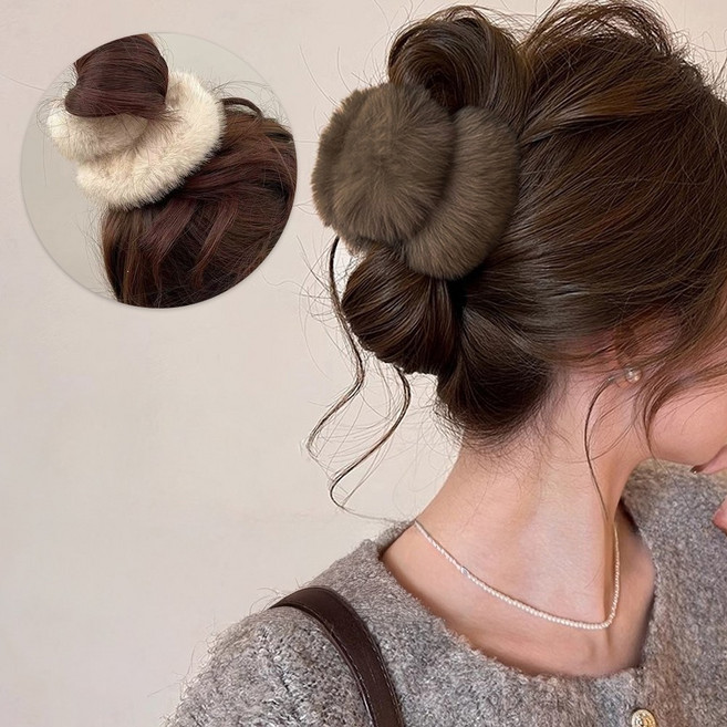 라이프드레그샵 토끼털 밍크 퍼 곱창밴드(스크런치)+데일리 겨울 올림머리 집게핀 2종 세트