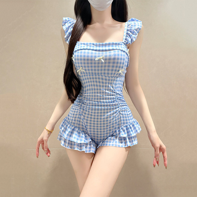 ANYOU여성 수영복수영복원피스 수영복여성 실내 수영복여성 빅사이즈 수영복비키니여성 원피스 수영복, 체크블루