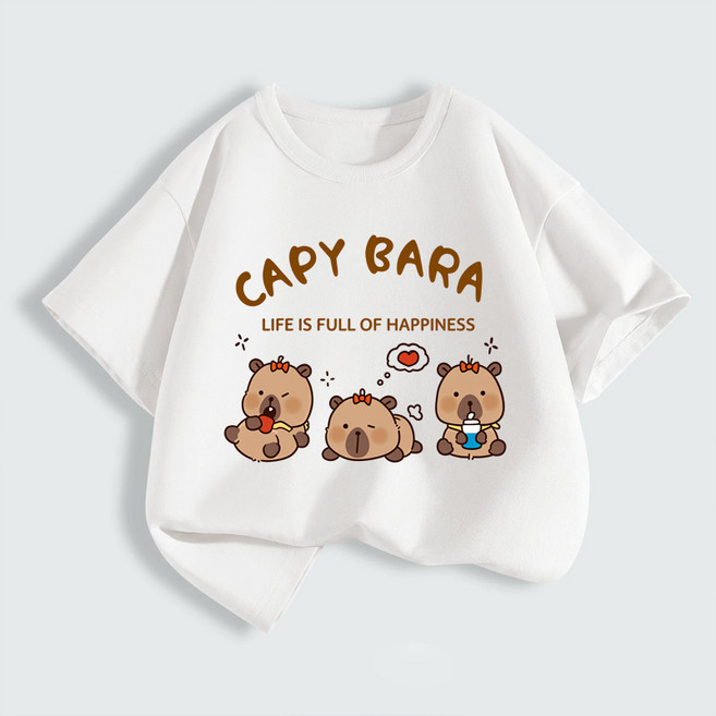 FONOW 순면 100% 키즈 티셔츠 귀여운 카피발라 패턴 아동복 편안하고 통기성 좋은 여름 캐주얼 라운드 반팔 티셔츠 아보카도 3마리 놀이 프린트 디자인 가족티