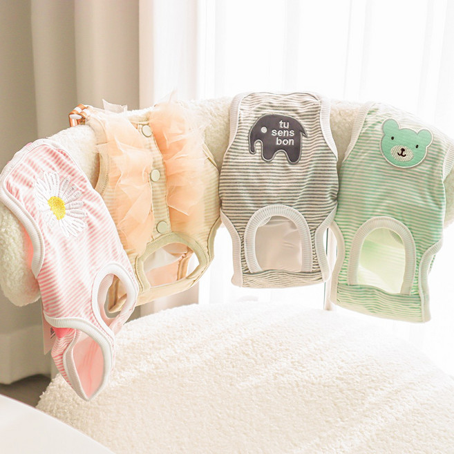 스트라이프 캐릭터 자수 서스펜더 생리 위생팬티 기저귀 매너벨트 암컷 강아지 애견카페 월경 커버 속옷 패드, 그레이코끼리, L, 1개, 1개입, 대형