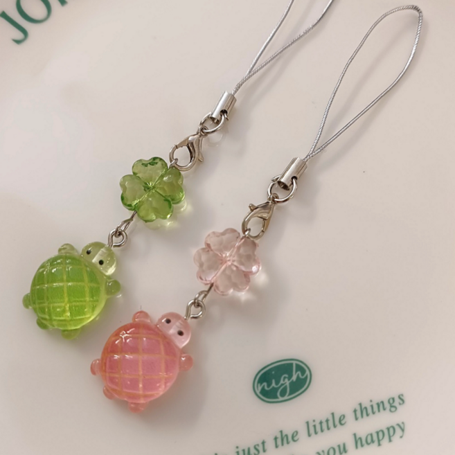 1+1이벤트 네잎클로버 거북이 행운 키링 열쇠고리 비즈키링, 1세트, 핑크+그린