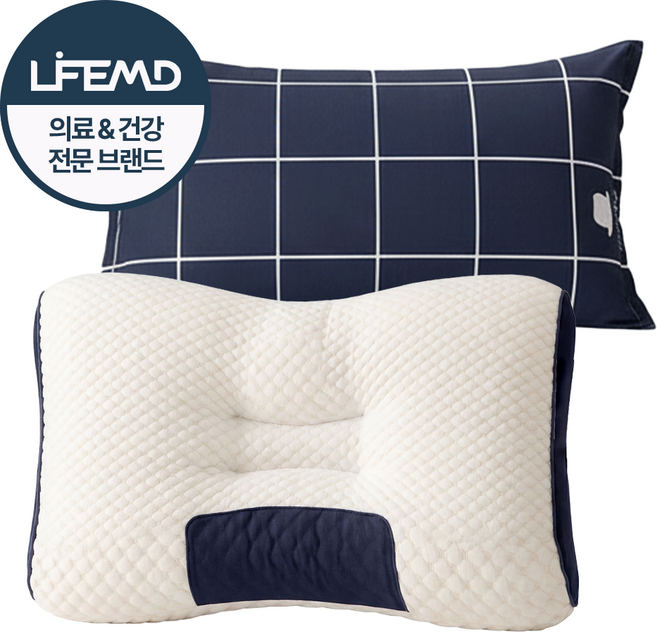 라이프엠디 1+1 푹신한 수면 경추 베개 + 커버 잠솔솔 잠잘오는 일자목 케어 메모리폼 꿀잠베개 기능성 목베개, 1개, 화이트+네이비