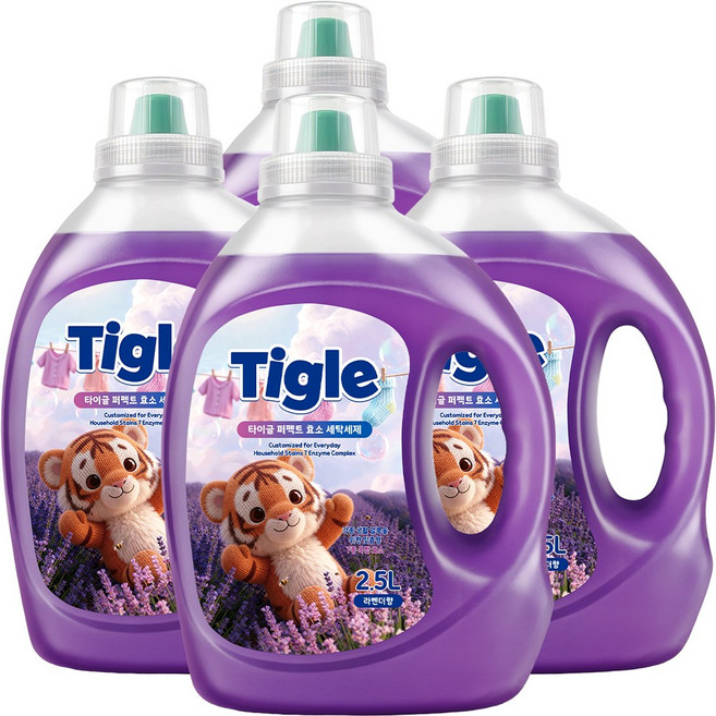 3+1 타이글 7중 효소 퍼펙트 대용량 액체 세탁세제 2.5L 라벤더향 일반 드럼 겸용 실내건조 액상 캡슐 대용, 4개