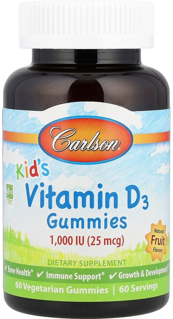 칼슨 104556 어린이용 비타민D3 구미젤리 과일 향 25mcg1000IU 60개, 1개, 60정 - 쿠팡