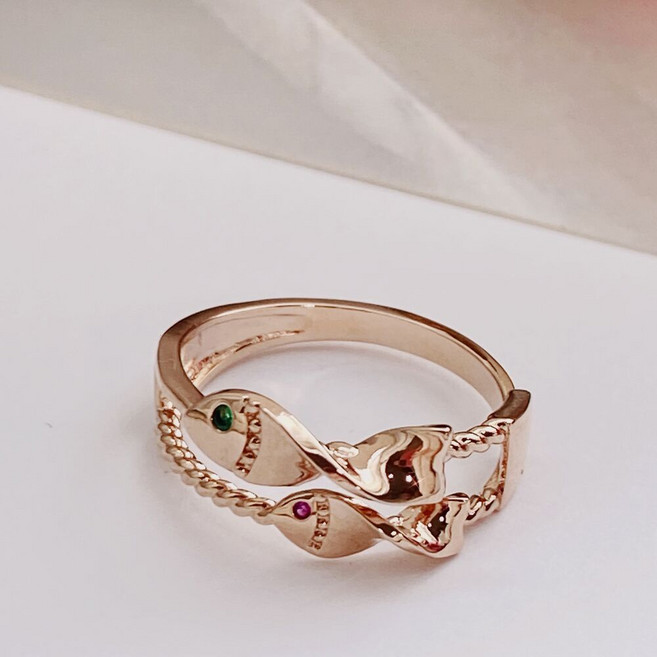 그린 루비 물고기 두마리 럭키 반지