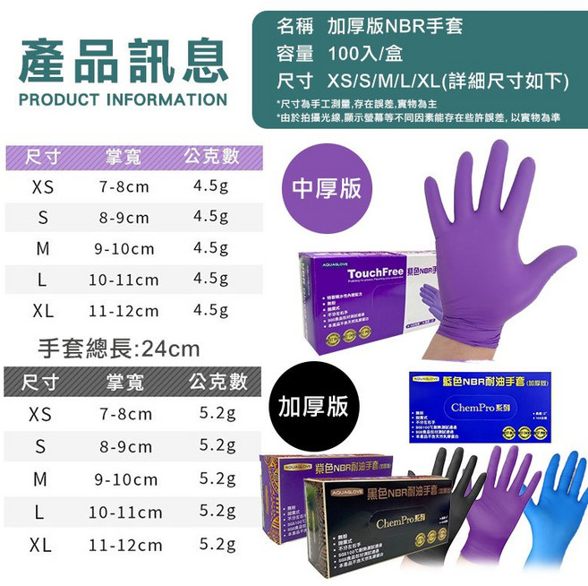 AQUAGLOVE NBR無粉合成橡膠手套 中厚加厚款, 1個, 【黑色NBR手套/ ChemPro系列】,XS, 黑色, XS