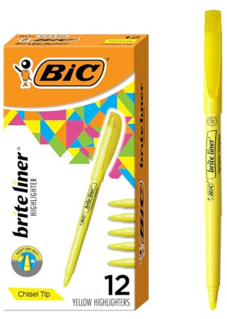 빅 브라이트 라이너 형광펜 끌팁 노란색 형광펜 12개 팩 BIC Brite Liner Highlighters Chisel Tip 12-Count Pack of Yellow, 상품상세 참조, 상품상세 참조, 1개