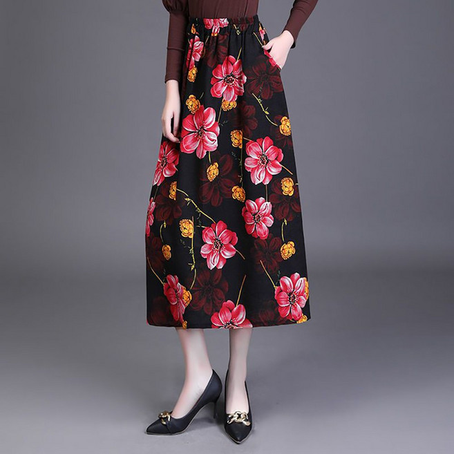 IWMAFT 여성용 여름용 면마 프린트 밴딩 롱 스커트 A라인 커버 체형 데일리 캐주얼 스커트 OP566