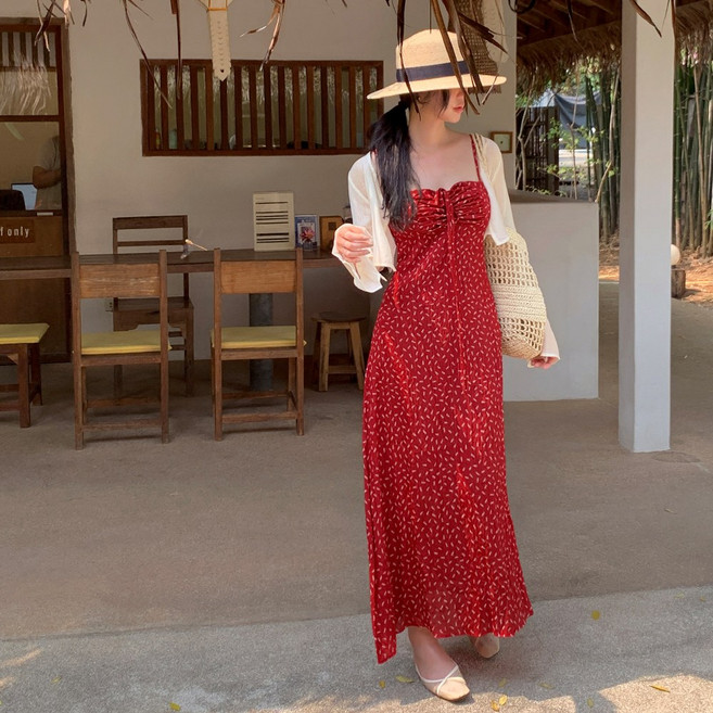 [비치팜]체리쉬 플라워 롱원피스 비치웨어 여름 나시 드레스 휴양지
