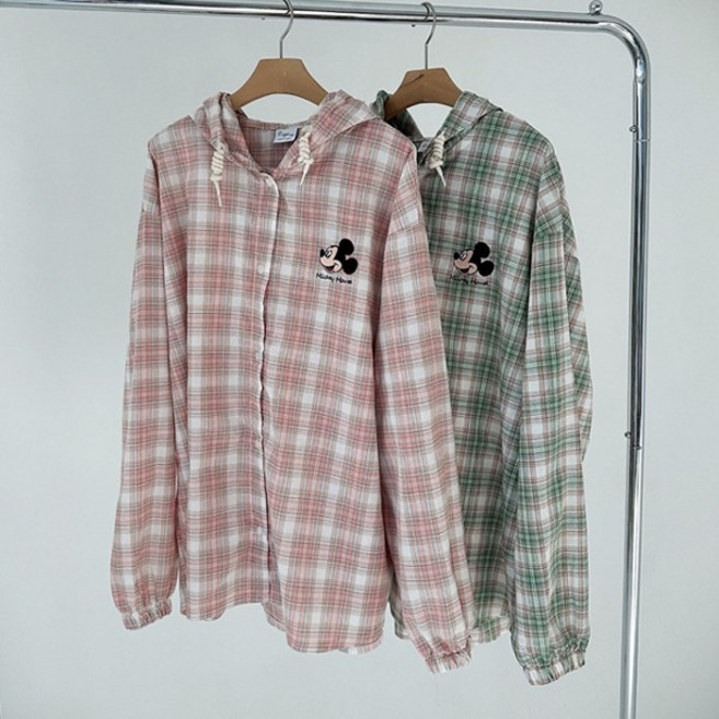 미키체크 후드남방)디즈니정품 사각체크패턴무늬 체크셔츠 체크남방 후드셔츠 루즈핏 후드남방 모자달린남방 미키마우스 박스핏