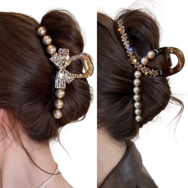 채로스 고급스러운 진주 큐빅 올림머리 헤어집게핀 2종