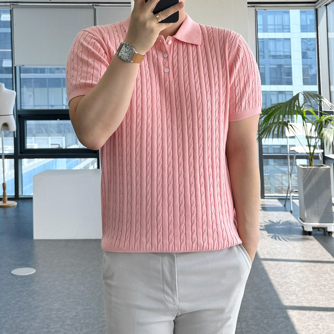 룩플레인 면 백프로 워셔블 케이블 여름 반팔 니트 카라 티셔츠 7color