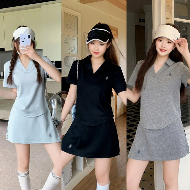 여성 슬림 투피스 여름 반팔 상의 A라인 치마바지 세트 통기성 골프 테니스룩