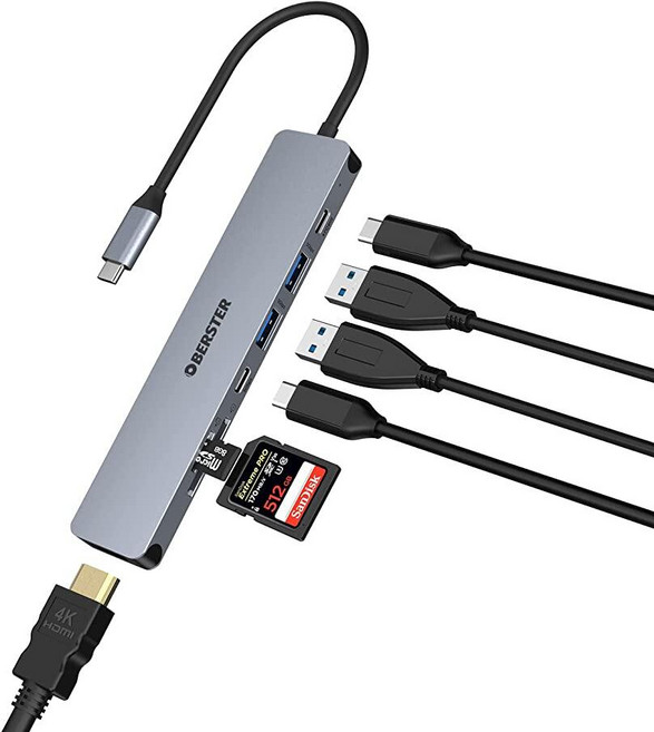 맥북 M1용 도킹 스테이션 USB C OBERSTER USB C 허브 듀얼 모니터 4K HDMI USB 3.0 PD 100W 이더넷 SD/TF 슬롯 맥북 및 윈도우, 7 in 1 USB C 허브, 1개
