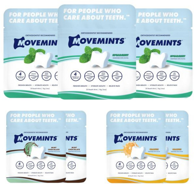 MOVEMINTS 민트 껌 무브민트스 클리어 얼라이너 특허받은 식용 대체품 치위스 자일리톨로 입 냄새 제거 및 구강 건조 개선 초콜릿 3개입, 혼합 팩, 20개입 (7팩), 1개