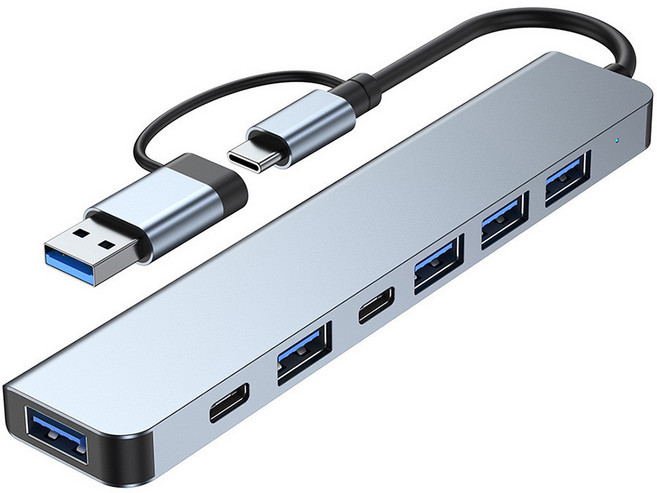 USB HUB拓展塢 雙接口七合一多功能分線集線器 手機電腦Type-C擴展塢【盒裝】, 1個, 雙口七合一擴展塢【盒裝】, 銀色, 023-11