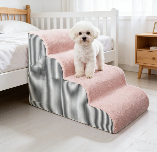 WHH 안전한 고양이 강아지 계단 높은 침대용 튼튼한 애견 커브 스텝, 1개, 핑크