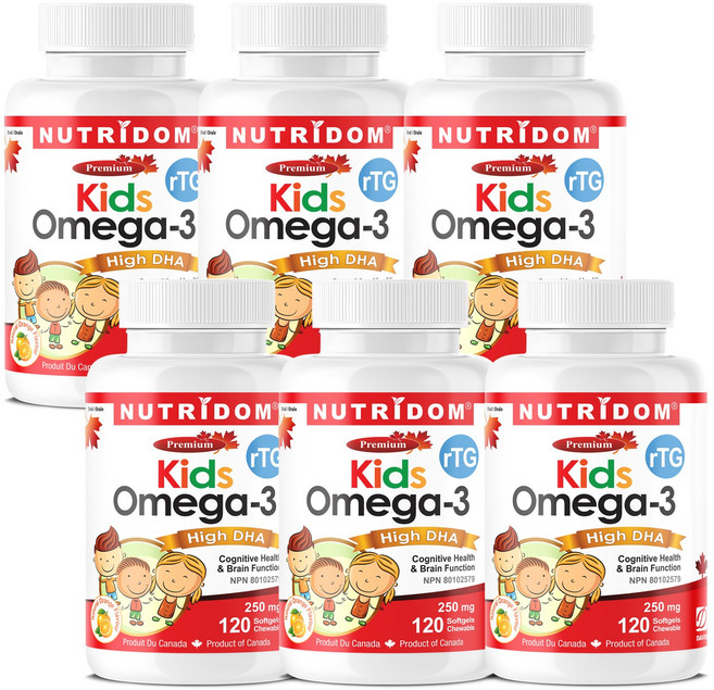 뉴트리돔 키즈 오메가3 고함량DHA 츄어블 어린이 Kids Omega-3 High DHA Chewable 120소프트젤 캐나다 직구, 6개, 120정
