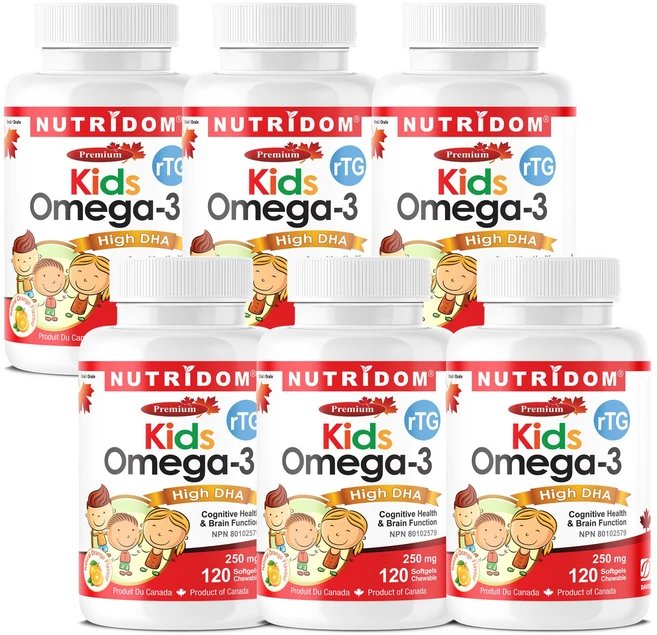 뉴트리돔 키즈 오메가3 고함량DHA 츄어블 어린이 Kids Omega-3 High DHA Chewable 120소프트젤 캐나다 직구, 6개, 120정 - 쿠팡