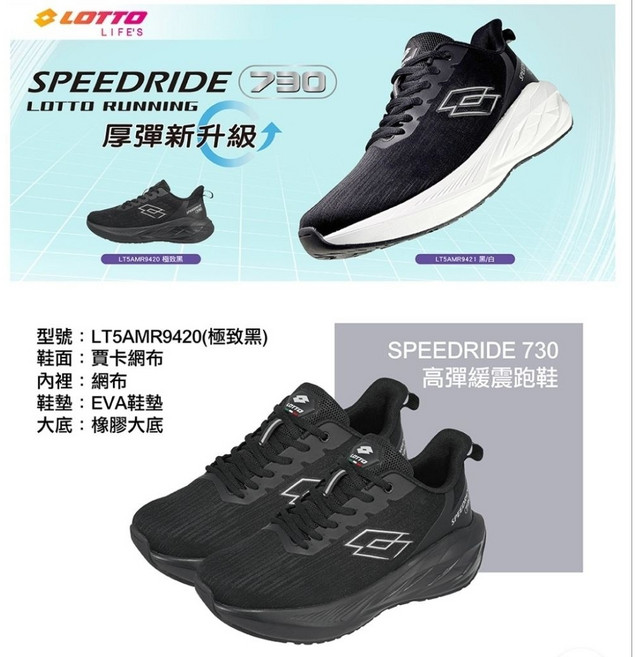 【LOTTO 義大利】男 LT5AMR9420 寬楦 SPEEDRIDE 730 輕量透氣 高彈柔軟緩震慢跑鞋