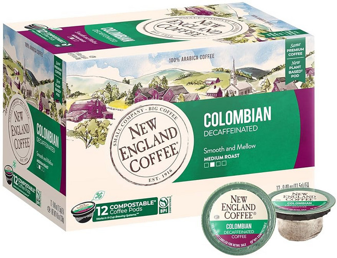 뉴잉글랜드 커피 버터 피칸 미디엄 로스트 싱글 서브 포드 12개들이 박스 6팩, 10 Decaf Colombian, 12 Count (Pack of 1), 11.5g