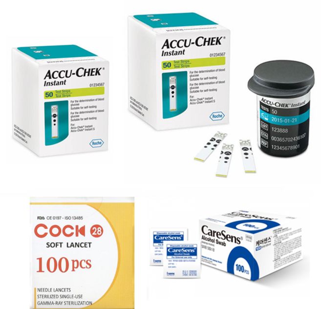 로슈 아큐첵 인스턴트 Instant 혈당검사지스트립 혈당측정검사지 세트(시험지100매+호환침100개+알콜솜100매) elevee, 1개