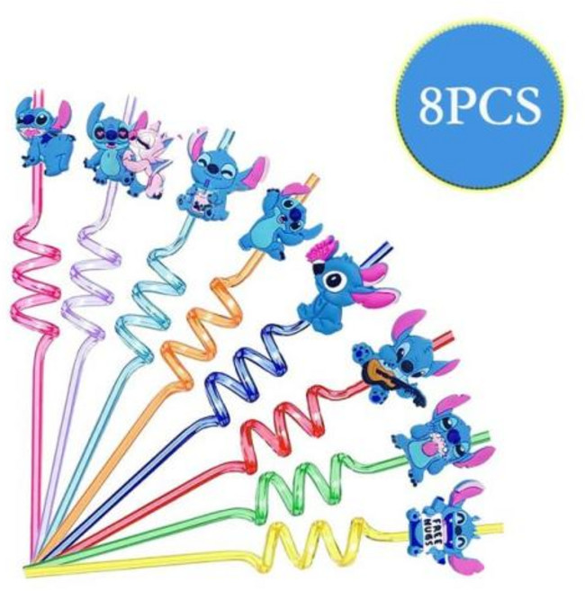 디즈니 스티치 생일 파티 장식 블루 릴로 및 스티치 테마 식기 컵 천사 풍선 피나타 파티 용품, 12 인치, 7)8pcs PVC Straws