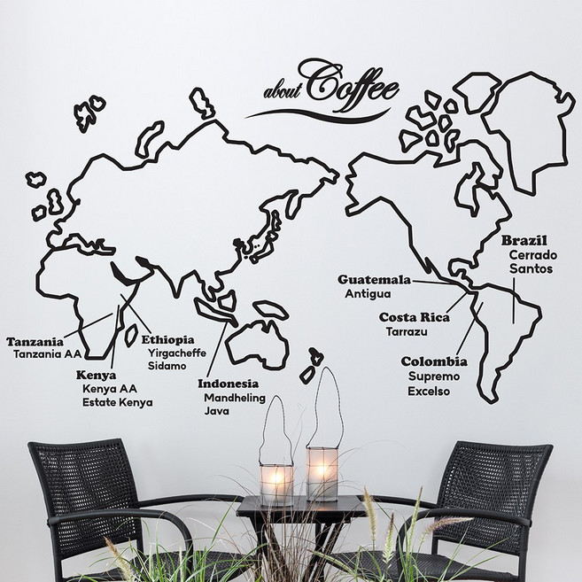 about coffee 지도 국가별 커피품종 카페 대형 인테리어 스티커, 검정색