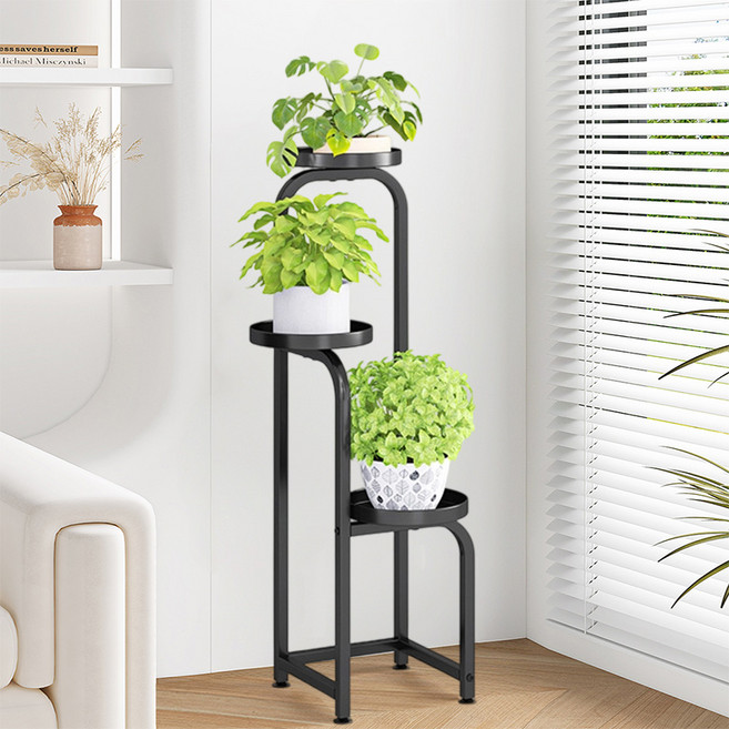 YF 철제 화분정리대 다층 화분대 진열대 선반 화분 거치대 다용도 스탠드 식물 받침대, 3단, 블랙