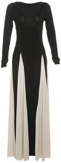 특이한 브이넥 긴팔 원피스 레이어드 투톤 배색 롱 드레스 슬림 어린이집 무용 댄스 선생님