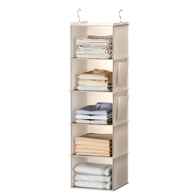 공간절약 옷장 걸이 수납 선반 다층형 의류 정리 보관함, 1개, 베이지 5칸형