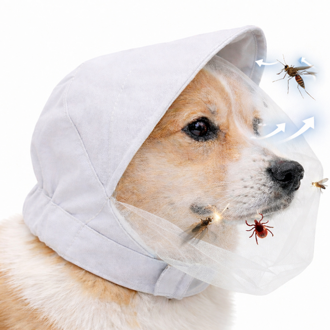 렛츠독 강아지 진드기 해충 방지 벌레 자외선 차단 망사 모자 페이스커버, 1개, 화이트메쉬