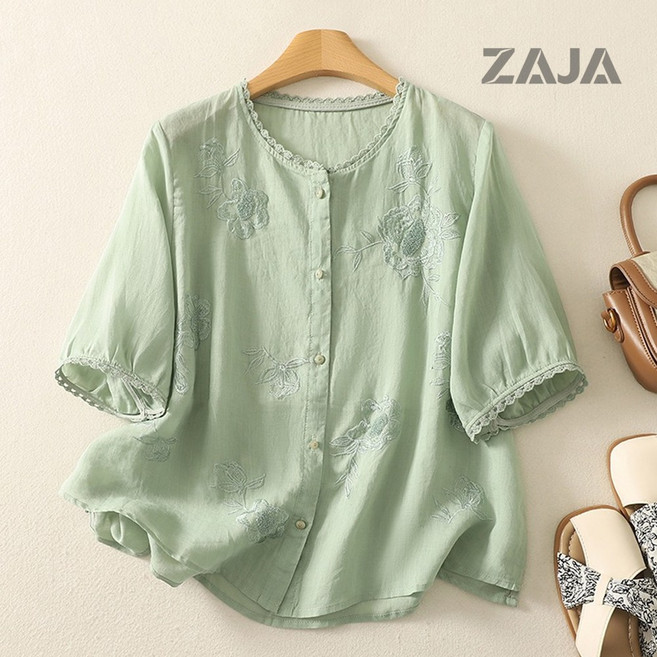 ZAJA 여성 린넨 블라우스 반팔 루즈핏 자수 데일리 셔츠
